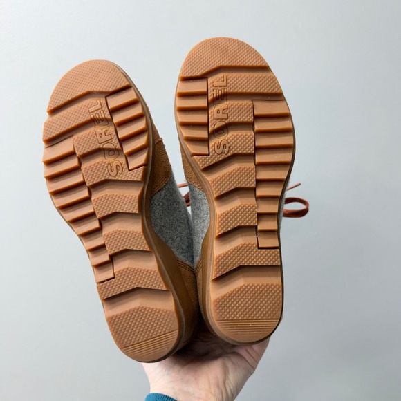 Sorel Evie Brown Suede Grey Felt Lace Up Wedge Ankle Booties Women's 7 - Picture 7 of 9